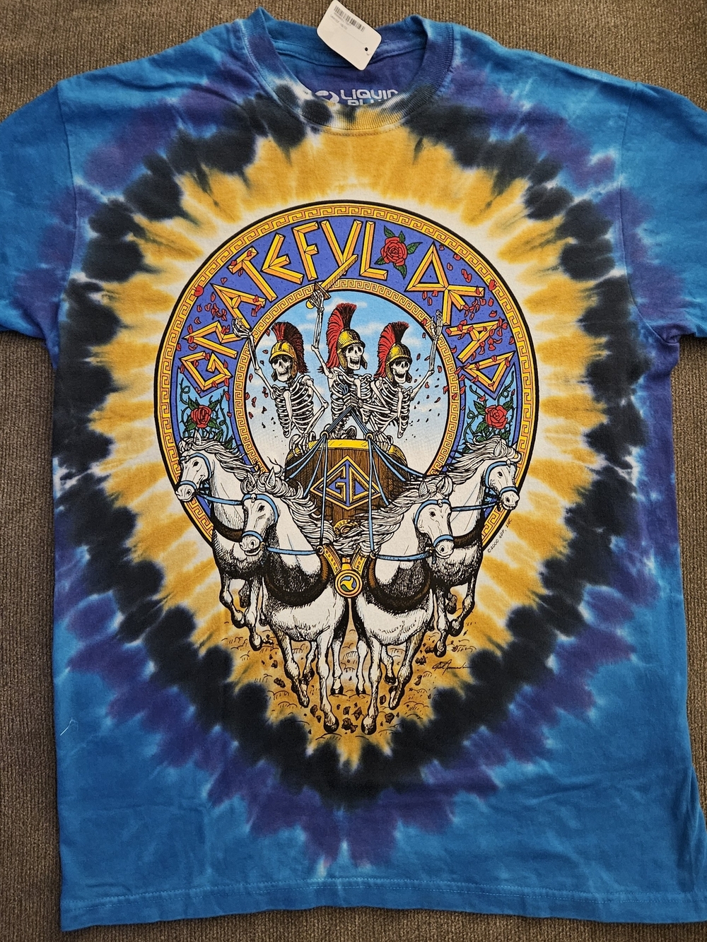 Liquid Blue Blue Yellow Tie-Dye Grateful Dead Skeleton Chariot T-Shirt